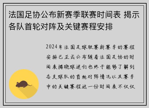 法国足协公布新赛季联赛时间表 揭示各队首轮对阵及关键赛程安排