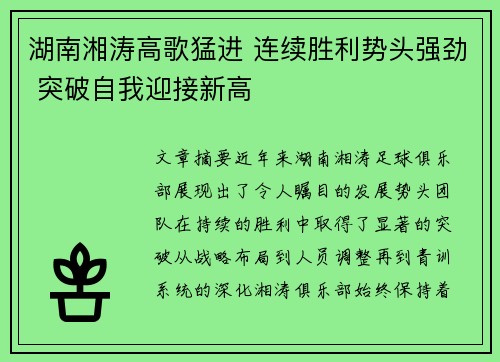 湖南湘涛高歌猛进 连续胜利势头强劲 突破自我迎接新高