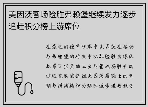 美因茨客场险胜弗赖堡继续发力逐步追赶积分榜上游席位