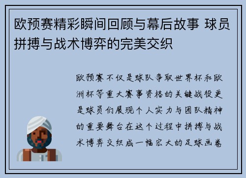 欧预赛精彩瞬间回顾与幕后故事 球员拼搏与战术博弈的完美交织