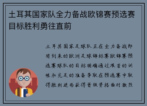 土耳其国家队全力备战欧锦赛预选赛目标胜利勇往直前