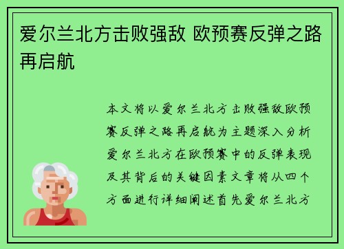 爱尔兰北方击败强敌 欧预赛反弹之路再启航