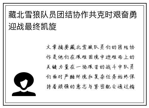 藏北雪狼队员团结协作共克时艰奋勇迎战最终凯旋