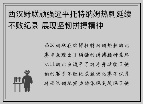 西汉姆联顽强逼平托特纳姆热刺延续不败纪录 展现坚韧拼搏精神