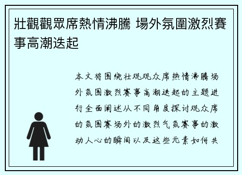 壯觀觀眾席熱情沸騰 場外氛圍激烈賽事高潮迭起
