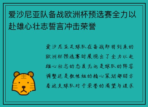 爱沙尼亚队备战欧洲杯预选赛全力以赴雄心壮志誓言冲击荣誉