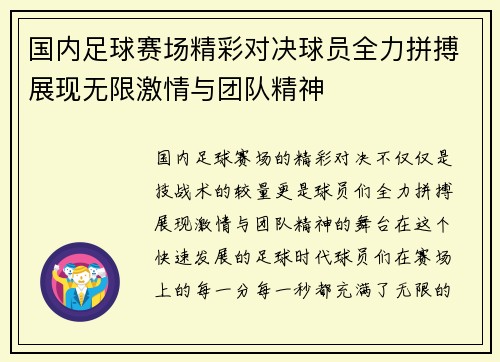 国内足球赛场精彩对决球员全力拼搏展现无限激情与团队精神